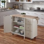 mobile white kitchen island with spice rack, towel bar, drawers and adjustable shelves